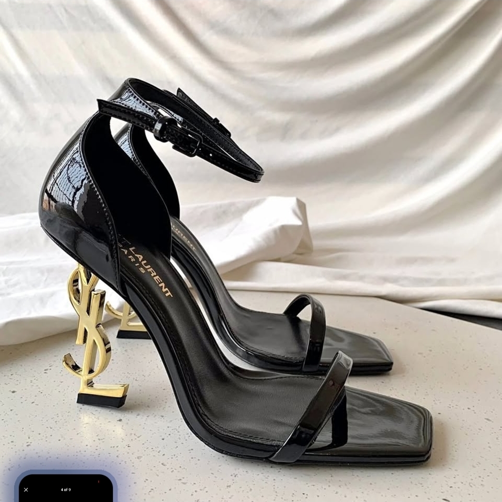 Saint Laurent Glossy Black Heels Size 6 with Gold Logo